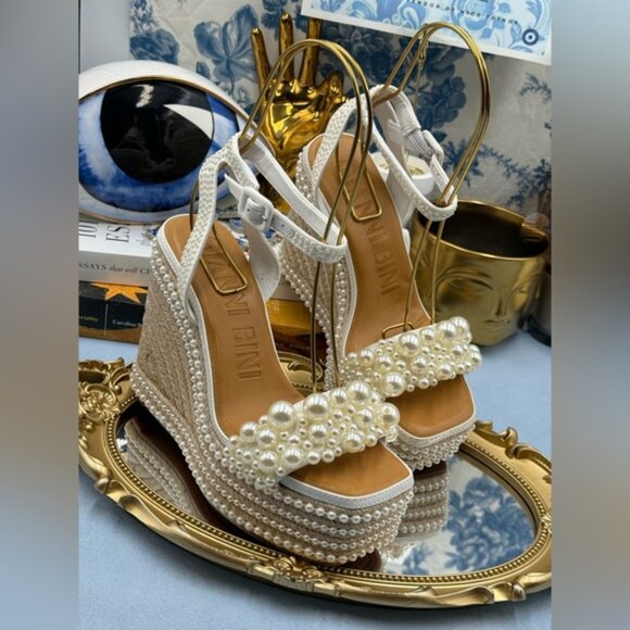 🆕 GIANNI BINI 🧿 NWOB Savanna Pearl Ornamented Platform Wedge Sandals, Sz 6.5 - Picture 6 of 16